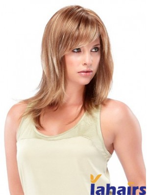 Blonde Shoulder Length Straight With Bangs Trendy Medium Wigs