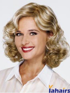 Blonde Shoulder Length Curly Without Bangs 13 inch Fashionable Medium Wigs