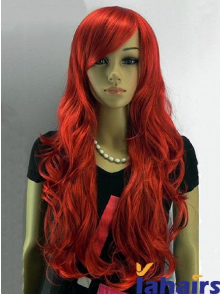 24 inch Wavy With Bangs Capless Red Affordable Long Wigs