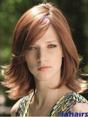 Fabulous Brown Shoulder Length With Bangs Straight Glueless Lace Front Wigs