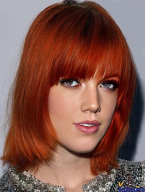 Top 14 inch Copper Chin Length With Bangs Straight Lace Wigs