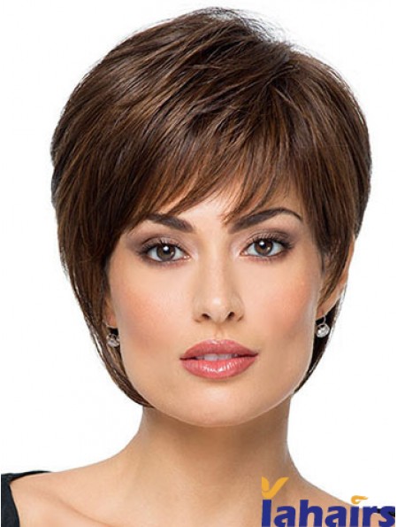 Suitable 8 inch Straight Brown With Bangs Short Wigs