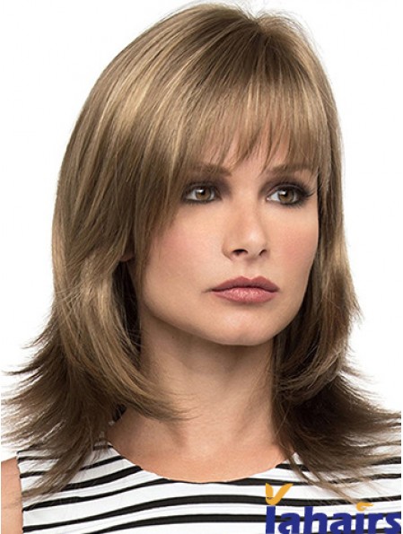 With Bangs Brown Wavy Shoulder Length 14 inch Sassy Medium Wigs