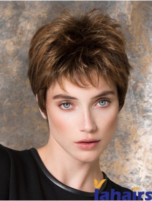 Straight Brown Synthetic Boycuts 4 inch Short Ladies Wigs