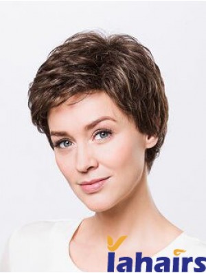 Brown Boycuts Short 8 inch Wavy Synthetic Ladies Monofilament Wigs