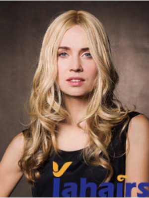 Monofilament Synthetic 17 inch Long Wavy Blonde Without Bangs Cheap Wigs For Cancer Patients