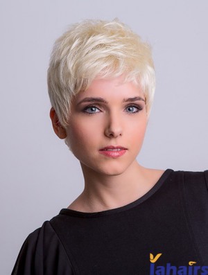 Synthetic Monofilament 3 inch Boycuts Straight Platinum Blonde Short Wigs