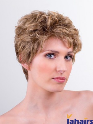 Synthetic Monofilament 6 inch Boycuts Wavy Blonde Short Wigs For Women