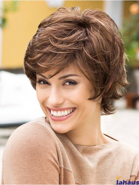 Short Monofilament Wigs Layered Cut Short Length Wavy Style Brown Color