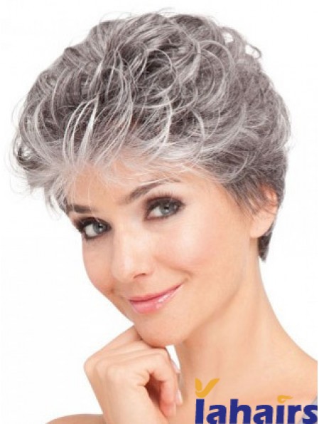 Lace Front Synthetic Grey Short Wavy Elderly Lady Hair Wigs