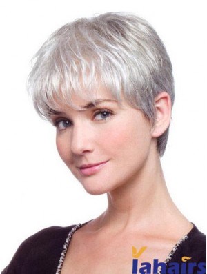 Grey Hair Wig With Synthetic Lace Front Grey Cut Straight Style