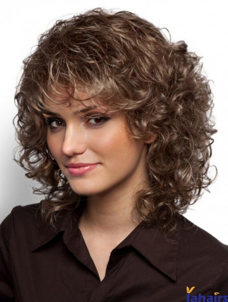 Mono Wigs Sale With Bangs Curly Style Brown Color Shoulder Length