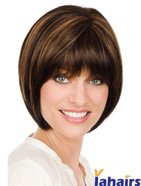 Chin Length Straight Monofilament Brown Durable Bob Wigs