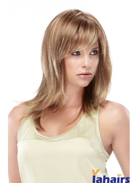 Straight With Bangs Shoulder Length Blonde Designed Lace Front Wigs