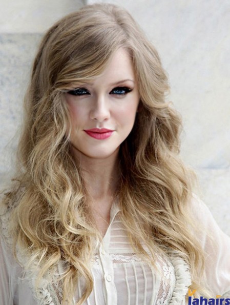 100% Hand-tied With Bangs Wavy Long Blonde Great  Wigs