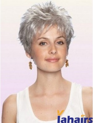 Grey Wig With Capless Cropped Length Boycuts Wavy Style