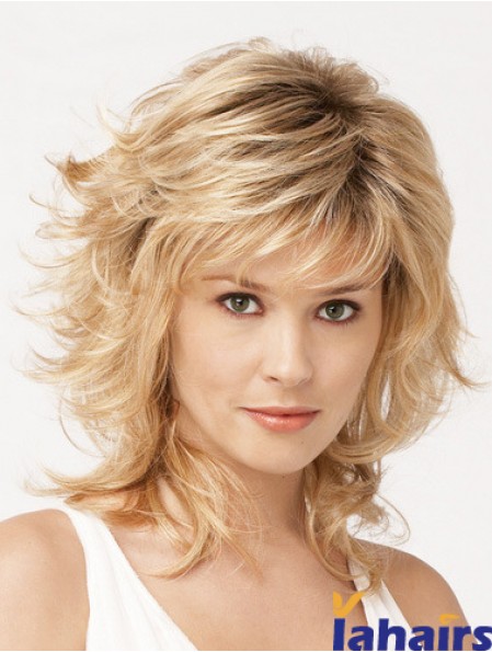 Shoulder Length Layered 13 inch Wavy Blonde Medium Wigs