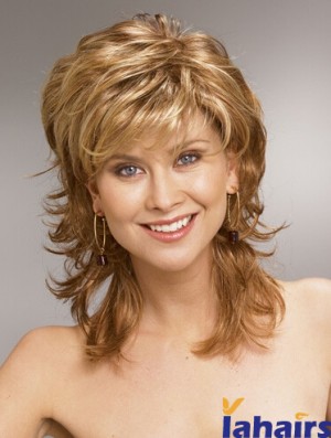 Shoulder Length Layered 13 inch Wavy Blonde Medium Wigs