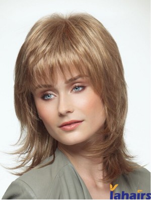 Shoulder Length Layered 14 inch Straight Blonde Medium Wigs