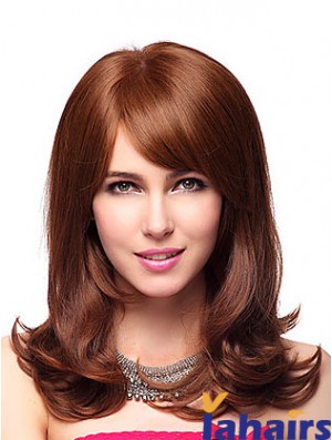 Shoulder Length With Bangs 20 inch Wavy Auburn Medium Wigs