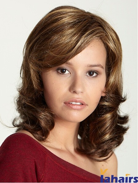 Shoulder Length With Bangs 15 inch Curly Brown Medium Wigs