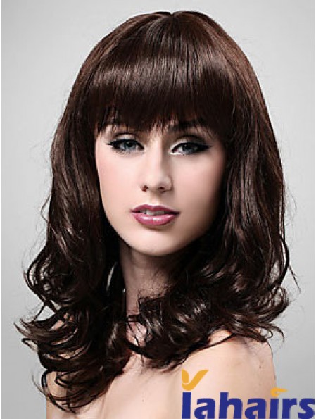 Shoulder Length With Bangs 20 inch Wavy Brown Medium Wigs