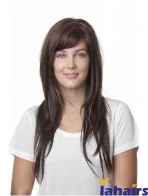 Ideal Brown Straight With Bangs Monofilament Long Wigs