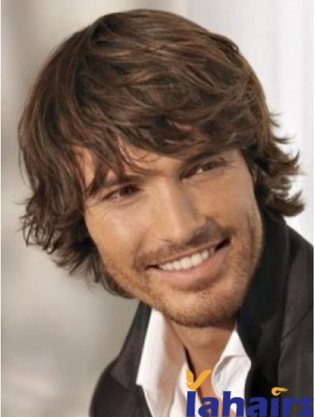 Brown Synthetic Chin Length Wavy Mens Wigs