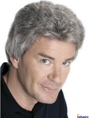 Short Grey Straight Remy Human Hair Mens Wigs