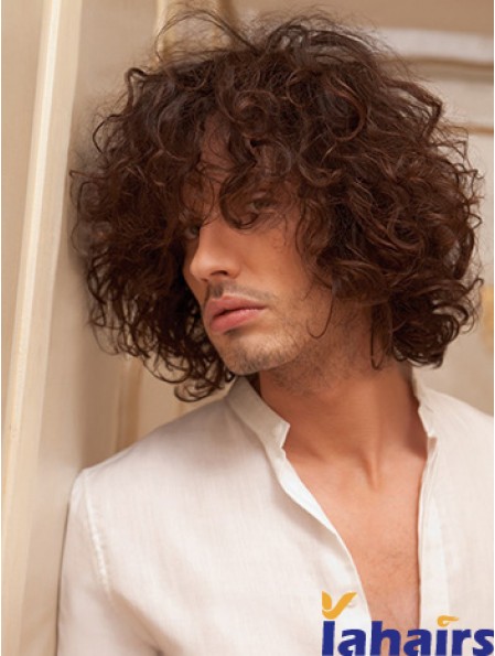 10 inch Remy Human Short Auburn Curly Capless Men Wigs