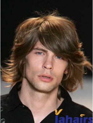 Auburn Chin Length Capless Wavy Mens Real Hair Wig