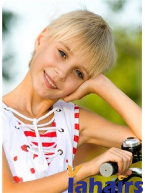 Straight Short Blonde Remy Human Hair 100% Hand-tied Kids Wigs