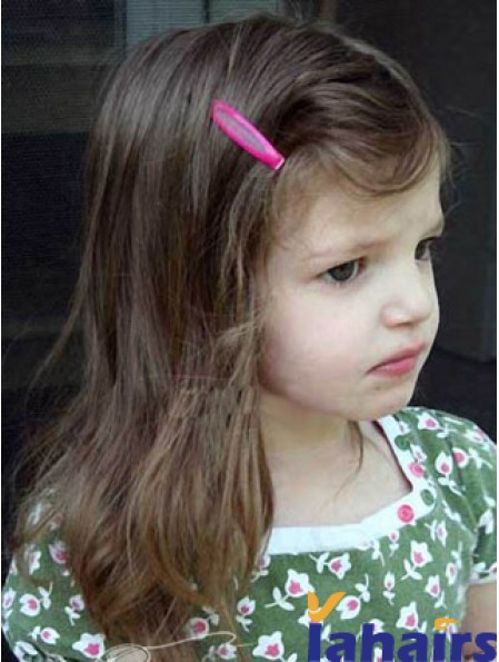 Straight Shoulder Length Brown Remy Human Hair Lace Front Kids Wigs