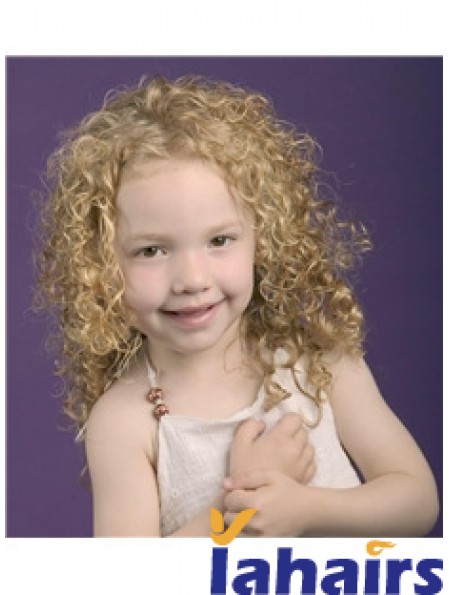 Curly Shoulder Length Blonde Synthetic 100% Hand-tied Kids Wigs