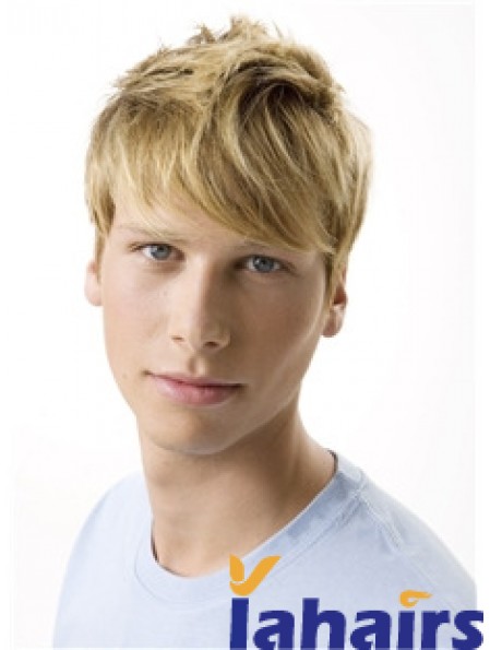 Remy Human 100% Hand Tied Short Wavy Blonde Wigs For Men