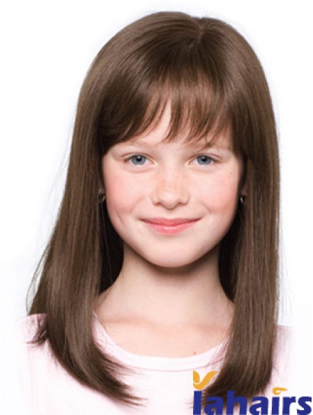 Straight Shoulder Length Brown Synthetic 100% Hand-tied Kids Wigs