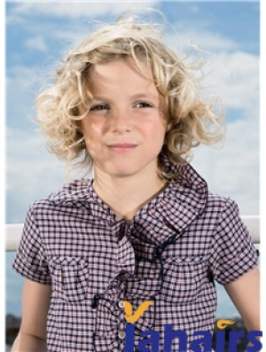 Curly Chin Length Blonde Synthetic 100% Hand-tied Kids Wigs