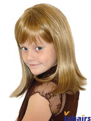 Straight Shoulder Length Blonde Synthetic 100% Hand-tied Kids Wigs