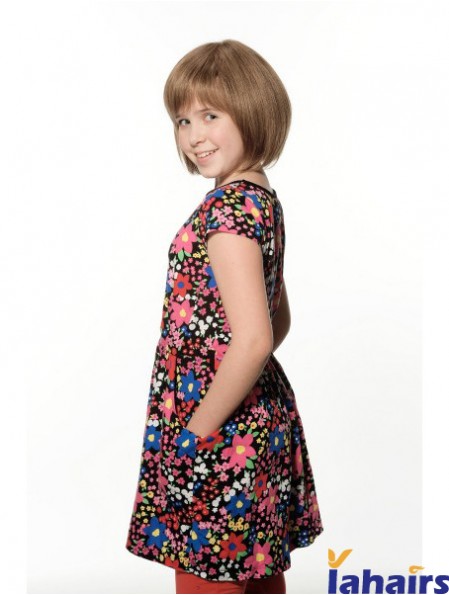 Straight Chin Length Brown Remy Human Hair 100% Hand-tied Kids Wigs