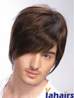 100% Hand Tied Brown Remy Human Short Straight Wigs Man