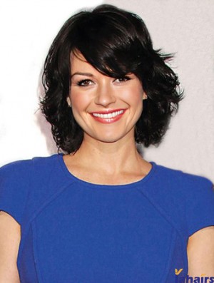 Modern Black Chin Length Wavy 12 inch With Bangs Carla Gugino Wigs