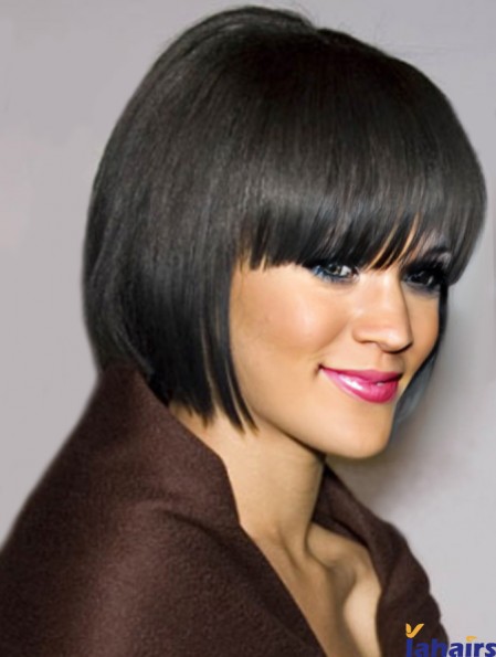 Black Straight With Bangs 100% Hand-tied 10 inch Flexibility  Wigs