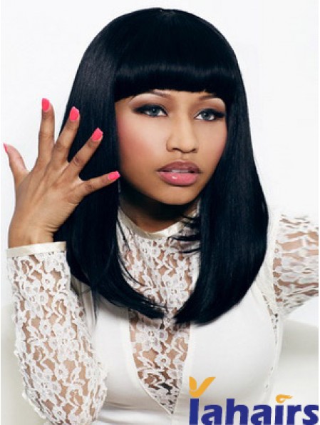 16 inch Black Straight With Bangs Shoulder Length Convenient Nicki Minaj Wigs