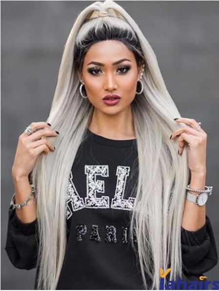 38 inch Lace Front Long Synthetic Grey Without Bangs Wigs