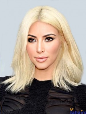 Shoulder Length Lace Front 14 inch Straight Blonde Remy Human Hair  Wigs