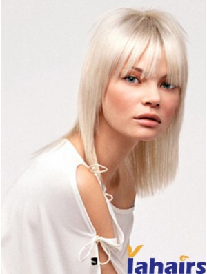 Lace Front With Bangs Shoulder Length Straight 14 inch Platinum Blonde No-Fuss Fashion Wigs