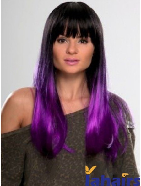 Sassy Ombre/2 Tone Long Straight With Bangs 22 inch Human Lace Wigs