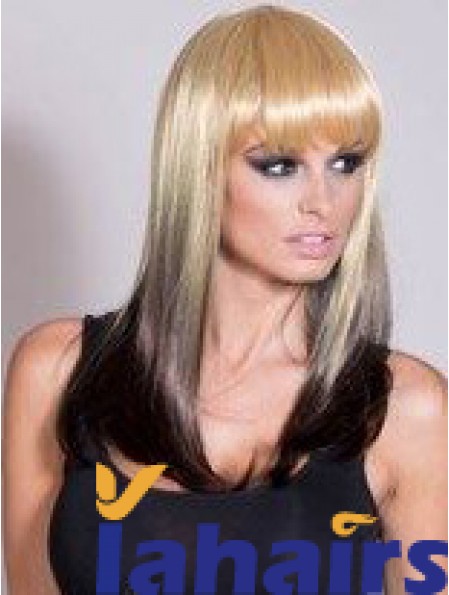 Affordable Ombre/2 Tone Long Straight With Bangs 20 inch Human Lace Wigs