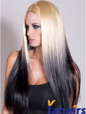 Suitable Ombre/2 Tone Long Straight Without Bangs 22 inch Human Lace Wigs