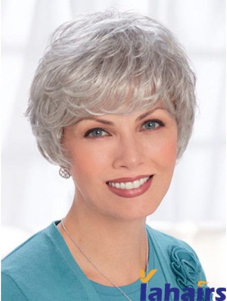 Lace Front Wigs Human Hair Short Length Wavy Style Grey Cut